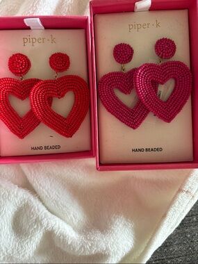 Piper K Heart Drop Hand-Beaded Earrings - Red & Hot Pink